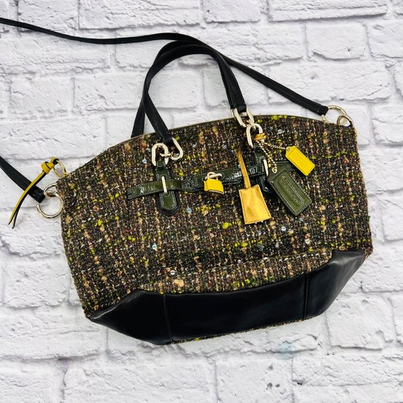 Coach Chelsea Boucle Emerson Convertible Hobo Satchel Olive Green Tweed Sequin - Picture 1 of 11